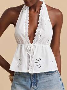 Travachic 2026 New Spring/Summer Sleeveless Lace Trim Embroidered Halter Neck Fitted Blouse, Suitable For Vacation/Casual/Date/Beach/Travel,Summer Top - White - View 5