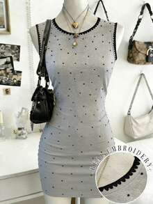Lalippa Fashionable Polka Dot, Shell Embroidery Crafted, Round Neck Fitted Women Dress - Light Grey - View 1