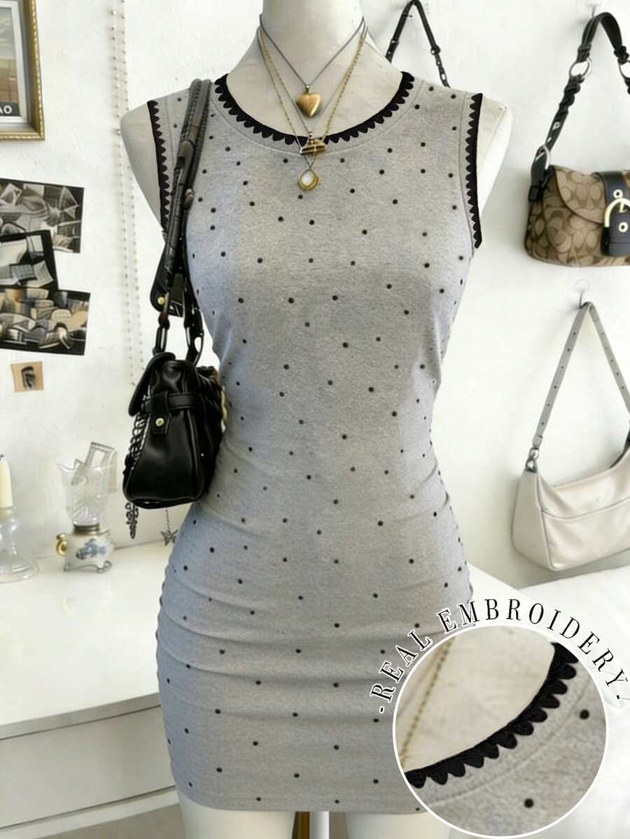 Lalippa Fashionable Polka Dot, Shell Embroidery Crafted, Round Neck Fitted Women Dress - Light Grey - View 1