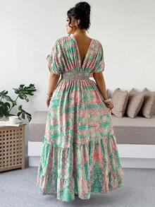SHEIN Clasi 大码女士度假深V领印花高腰荷叶边连衣裙 - 彩色 - 查看 2