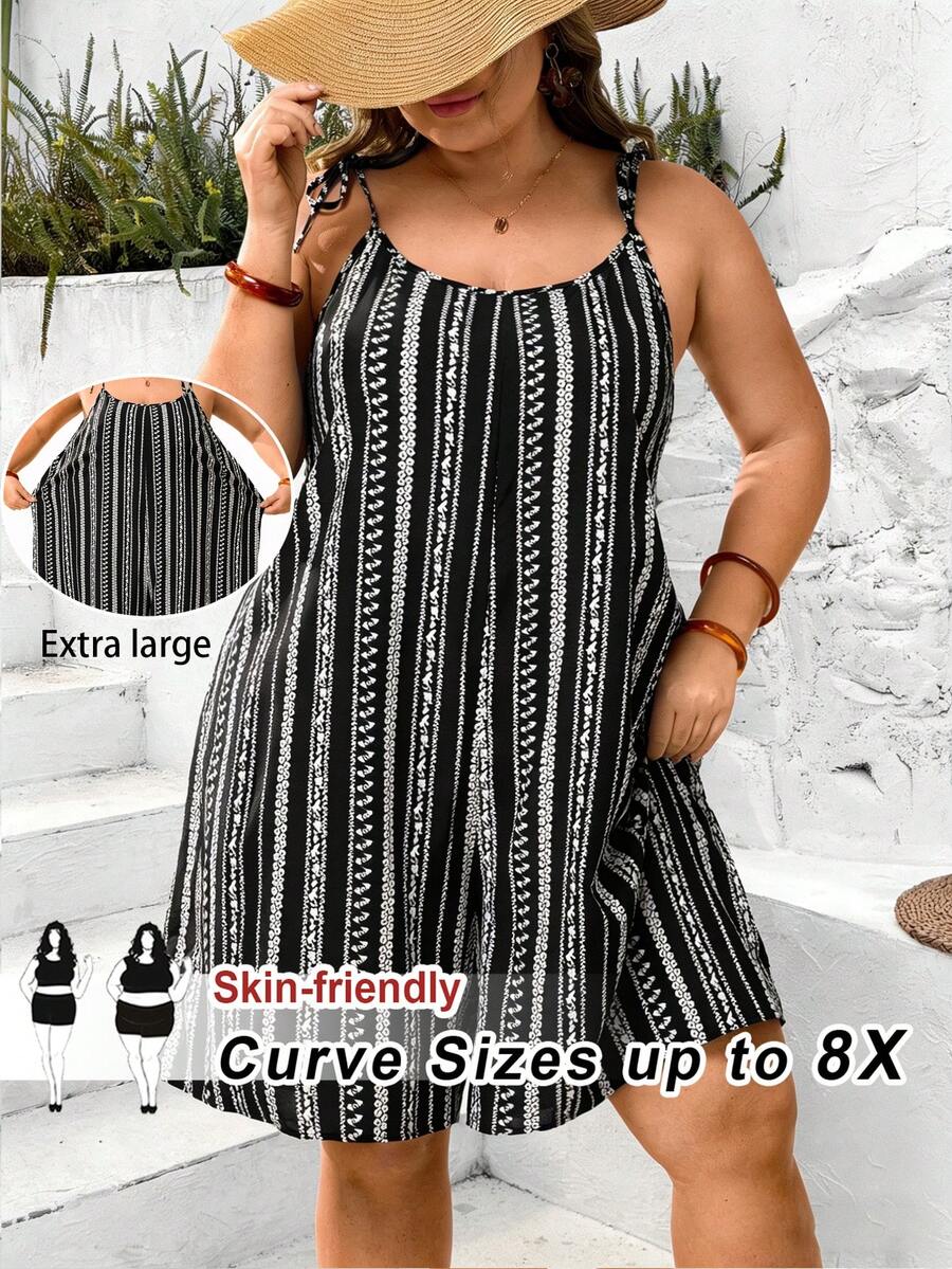 SHEIN CURVE+ Curve 尺码 US22 音乐节、海滨度假、波西米亚风女士休闲几何印花连体裤 - 黑與白 - 查看 1