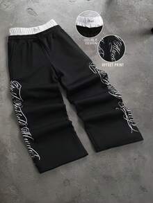 PAVTROS Men's Contrast Color Waistband Letter Print Wide Leg Sweatpants Wide Leg - Black - View 4