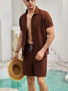 Mercer Haus Chemise boutonnée unie et shorts pour hommes pour l'été, convenant pour les vacances tropicales d'été à Hawaï. - Marron - Voir 7