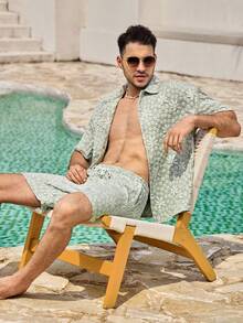 Men's Mint Green Botanical Collar Short Sleeve Woven Loose Fit Shirt Set, Casual, Button Front, Drawstring, Pocket, Summer/Spring/Fall, Matching Set Gift For Father/ Husband - Mint Green - View 7