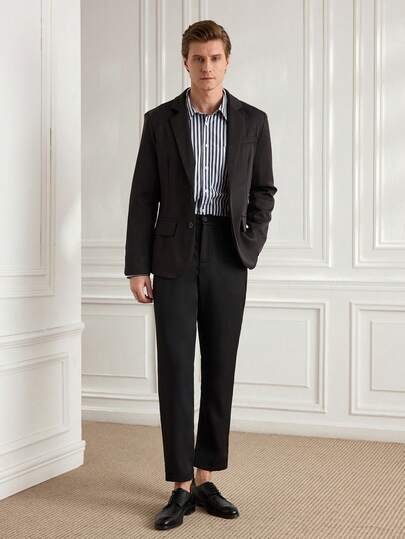 Officeau 男士薄款西装套装，纯色双排扣黑色西装外套和西裤，适合工作、通勤、婚礼、派对、情人节及其他正式场合。