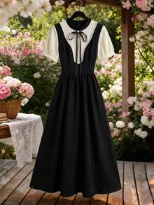 SHEIN Franclia 女士春夏新款黑杏色撞色珍珠装饰领蝴蝶结腰部A字中长连衣裙，适合通勤、日常、派对、度假、约会等场合。 - 彩色 - 查看 1