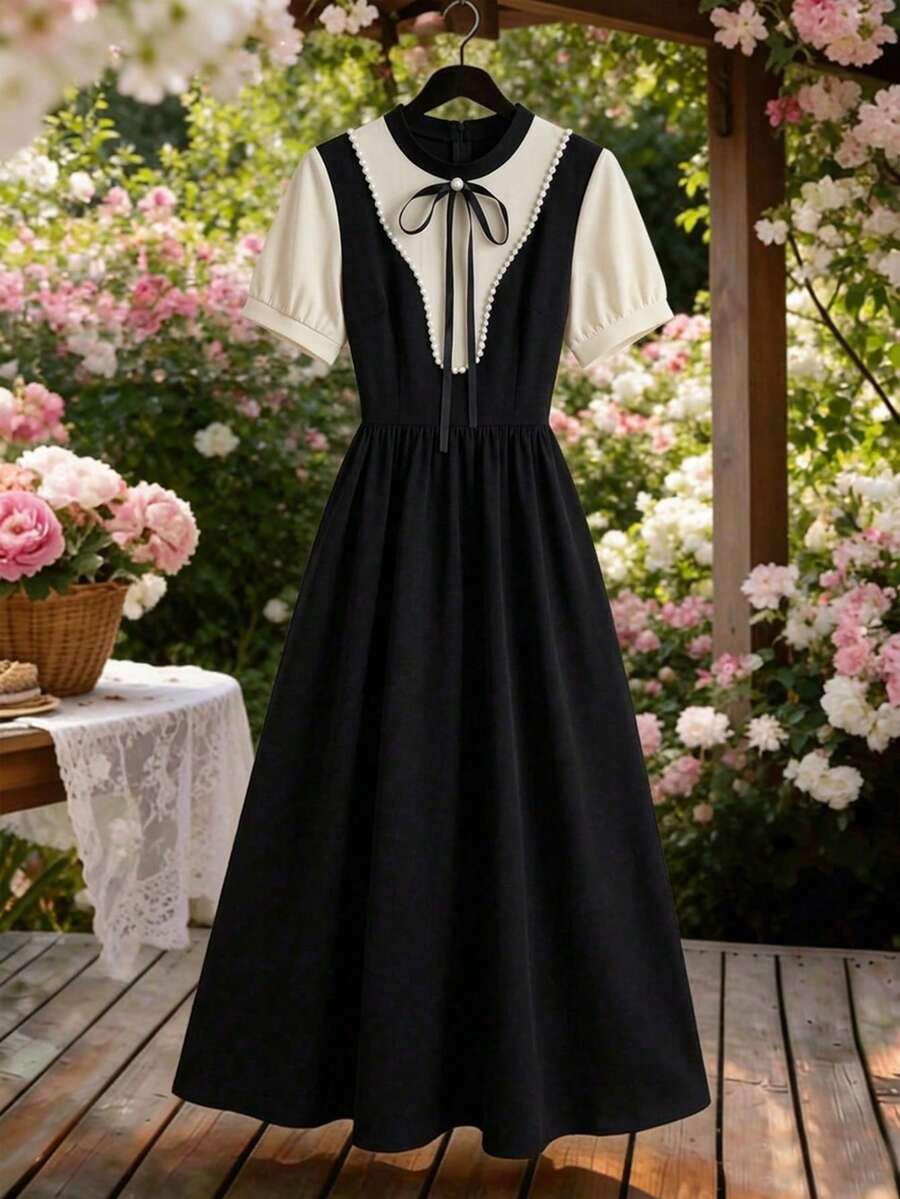 SHEIN Franclia 女士春夏新款黑杏色撞色珍珠装饰领蝴蝶结腰部A字中长连衣裙,适合通勤、日常、派对、度假、约会等场合。 - 彩色 - 查看 1