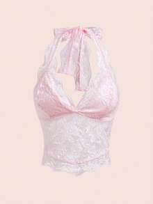 ROMWE Fairycore Top de encaje para mujer de verano, unicolor, sexy, con tirantes halter y descubierto en la espalda - Rosa - Ver 5