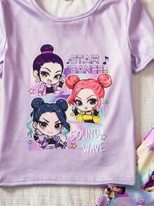 Bộ đồ ngủ 2 món màu hồng trơn họa tiết mây, trăng, sao và áo tay ngắn cùng quần legging kẻ caro cho bé gái. - Màu xanh hải quân - Xem 6