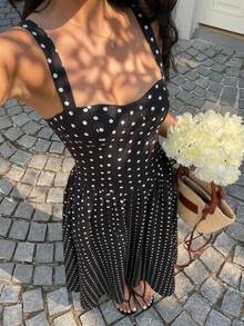 SHEIN EZwear French Polka Dot Dress Elegant  Black Polka Dot Woven Camisole Vacation Dress Black Polka Dot Dress - Black - View 8