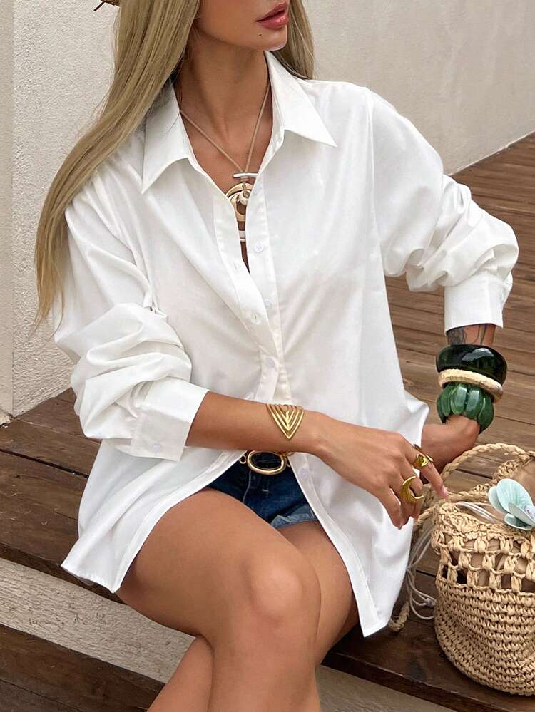 Women's Spring/Summer High-Quality White Loose Long Sleeve Shirt, Minimalist Design Sense Elegant Mid-Length Cinched Waist Blouse