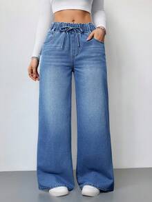 SHEIN Tall 女款牛仔褲休閒高腰寬腿長褲 藍色女款牛仔褲 夏季女裝彈性腰帶牛仔褲 休閒寬鬆直筒褲 高個女性適用 - 淺色水洗藍 - 查看 7