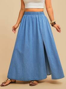 Travachic Plus Size Solid Color High Slit Elastic Waist Denim Skirt - Medium Wash - View 1