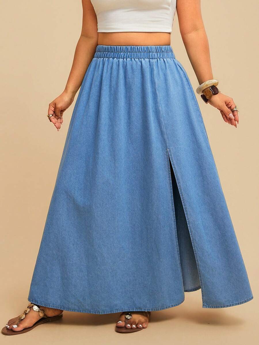 Travachic Plus Size Solid Color High Slit Elastic Waist Denim Skirt - Medium Wash - View 1