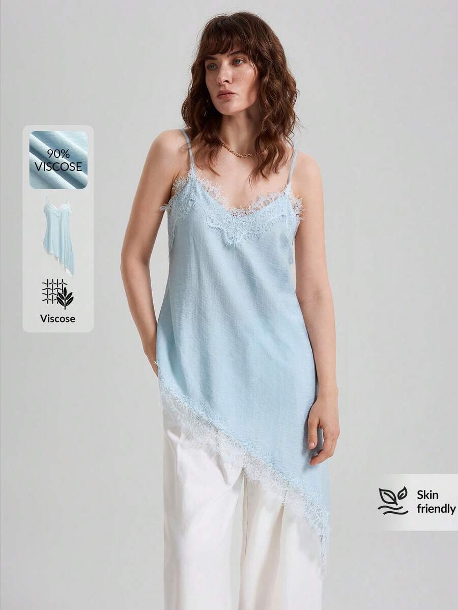 Ontre 2026 Summer Elegant Light Blue Lace Patchwork Camisole,Women's Asymmetrical Hem Top For Tea Party,Casual Urban Commute,Beach Holiday,Minimalist Outfit - Blue - View 1
