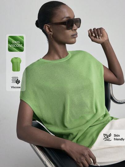 Ontre Women's Pink Sculptural Curved Shoulder Sleeve Knit Top, Elegant For Wedding Guest, Minimalist Romantic French Chic Luxury Feel, Urban Fashionable Business Casual Office Wear, Low-Key Old Money Vibe, High-Quality Airport/Cruise, Middle East Event Essential, Versatile Seasonal, Wedding Series, Resort Wear Lime Green Top Solid Color Tops Green Summer Top Green Knitted Top Light Green Tops