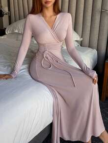 DAZY Autumn/Winter Charming Pleated Design Knitted Draped Waist Dress For Women, Loungewear - Mauve Purple - View 4