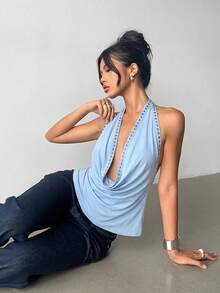 Aloruh Women's Solid Color Hanging Collar Backless Rivet Light Blue Backless Top - Baby Blue - View 5
