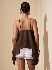 SHEIN BAE Solid Pink Ruffle Trim Sleeveless Elegant Sweet Cute Women's Camisole Top, Suitable For Romantic Dates, Parties, Formal Gatherings, Bridesmaid Dresses, Women's Summer Ruffle Trim Tops, Tea Party Dresses, New Year, Valentine's Day, Birthday Mini Dresses, Pink Tops,Summer Top - Coffee Brown - View 2