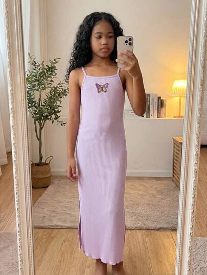 SHEIN Tween Girls Ribbed Bow Decor Round Neck Short Sleeve Bodycon Dress