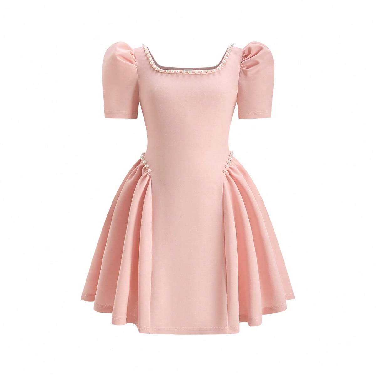 Pieza Vestido rosa elegante de primavera/verano para niñas con cuello de barco, mangas de pétalo, cintura ajustada, decoración de cuentas y plisado