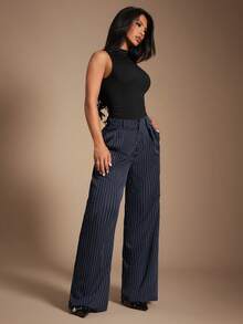 SHEIN Tall CURVE CURVE Plus Size Women's Tall Striped Wide Leg Pants,Navy Blue,Autumn,Casual,Elegant,Bussines,Formal High-Waisted Straight Office Ceremony Long Pants - Navy Blue - View 6