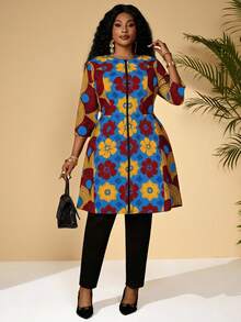 BrightlyHer Plus Size Women Floral Print Casual Versatile Daily Wear Open Front Long Sleeve Coat Fall - Yellow - View 6