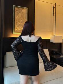 Vibekara Vestido ajustado de encaje con hombros descubiertos y cintura ceñida de talla grande - Negro - Ver 2