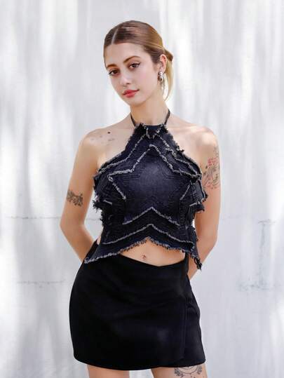 Ananda Vibes Áo khoác denim vá hình ngôi sao phong cách phiêu lưu ngoài trời Punk cổ điển