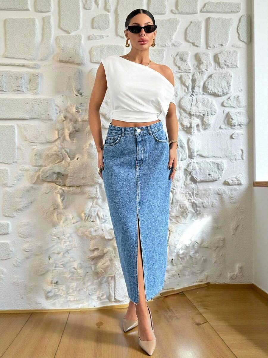 EURMUSE High Waist Front Slit Detailed Denim Skirt - Medium Wash - View 1