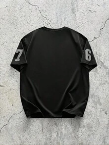 EVRINFINITE Herren lässiges, locker geschnittenes T-Shirt mit Nummer- und Buchstaben-Muster, Drop-Shoulder, Schwarz, Sommermoden - Schwarz - Übersicht 2