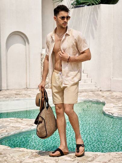 Mercer Haus Men's All-Over Plant Print Short Sleeve Single Breasted Casual Summer Beach Set Men Short And Shirt Set Men Summer Outfit , Suitable For Summer Tropical Holiday Vacation In Hawaii.