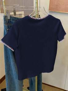 Resyla Women's Casual Contrast Trim Embroidered T-Shirt, Summer - Navy Blue - View 2