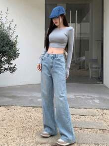 DAZY Jeans de pierna ancha casual de mujer decorados con diamante de imitación - Azul - Ver 5