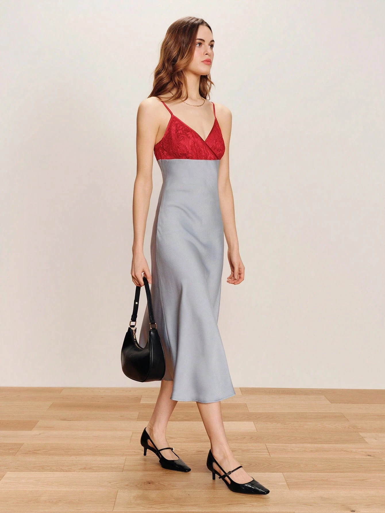 Vintage Inspired Blue Satin Midi Slip Dress With Contrast Red Lace Bust Vacation Dress Holiday Dress Festival Dress Party Dress Spring Summer French Style Parisian Style