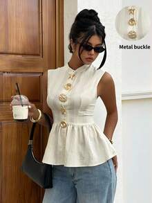 Siren Gaze 女士纯色立领金属纽扣装饰棉质腰部无袖衬衫，简约休闲上衣，办公穿着，教师衬衫，白领衬衫 - 杏色 - 查看 3