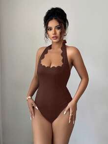 Gloray Mono de vacaciones sexy negro con cuello halter, volantes y ajuste ceñido para estilizar la figura - Marrón - Ver 7