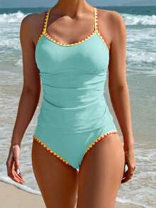 Swim Lushoire Conjunto de tankini de verano para mujer con ribete de contraste - Azul menta - Ver 4