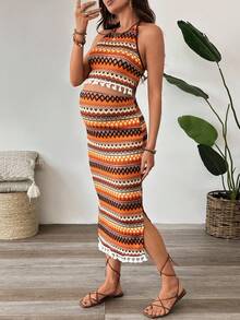 SHEIN Conjunto de 2 piezas de top halter sin espalda con dobladillo de flecos de colores y falda midi de maternidad - Multicolor - Ver 5