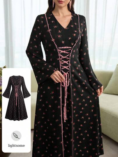 Al Najma 女士春夏印花粉色收腰A字优雅浪漫阿拉伯风连衣裙