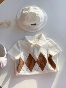 SHEIN 2pcs Set Includes Hat & Baby Boy Cute White Summer Family Matching Collegiate Argyle Pattern Lapel Romper Outfit,Suitable For Birthday Party,Wedding - Brown - View 6