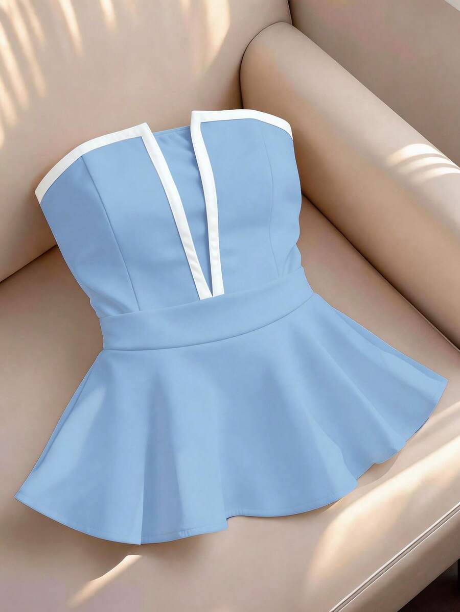 SHEIN LUNE 白色夏季女款優雅性感早午餐高爾夫抹胸上衣 無肩帶V領荷葉邊收腰露背短版上衣 Y2K法式風 - 淺藍色 - 查看 1