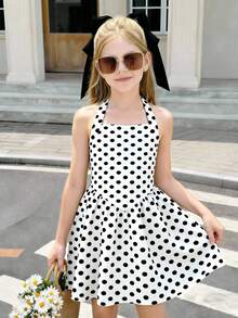 SHEIN Đầm chấm bi cổ yếm eo thấp xếp nếp cho bé gái tuổi teen, thích hợp mặc đi nghỉ mát mùa hè. - trắng - Xem 4