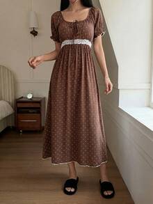 DAZY French Floral Ruched Tie-Up Lace Patchwork Waist Maxi Nightgown, Women Sleepwear Dress - Brown - View 1