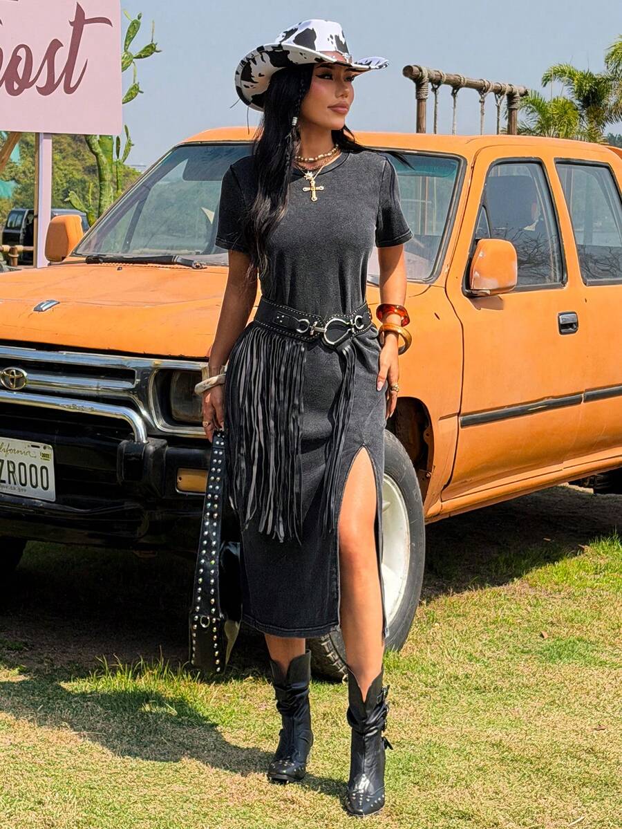 SHEIN EZwear 女士黑色针织短袖开衩下摆休闲连衣裙，夏季 - 黑色 - 查看 1