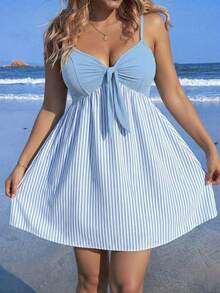 Veykashi Váy hai dây kẻ sọc phối màu dáng rộng cỡ lớn - Nhiều màu - Xem 1