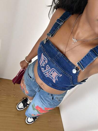 StreetHx Fashionable Casual Street-Style Embroidered Denim Vest Top