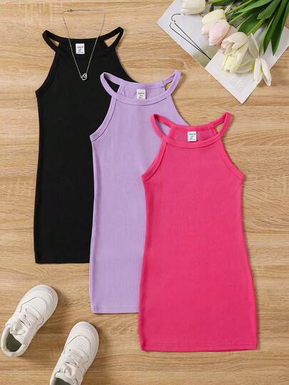 Vestido Casual de Cor Sólida com Decote Halter para Meninas Pré-Adolescentes, Verão