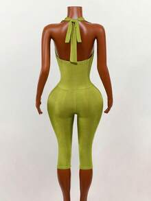 Mistrie Áo croptop màu vàng chanh và xanh lá cây với thiết kế cổ trễ vai, trang trí kim loại, quần lửng bó sát, chất liệu vải pha rayon bóng, bộ jumpsuit gợi cảm cho kỳ nghỉ, tiệc tùng, biểu diễn sân khấu. - màu xanh lá - Xem 2
