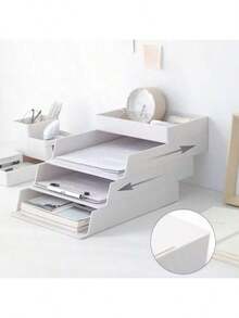 1PC, Desktop Stackable Storage Box, Office Pull-Out File Storage Box A4 Storage Box Desktop Plastic Drawer Stationery Holder Pen Holder - White - View 6